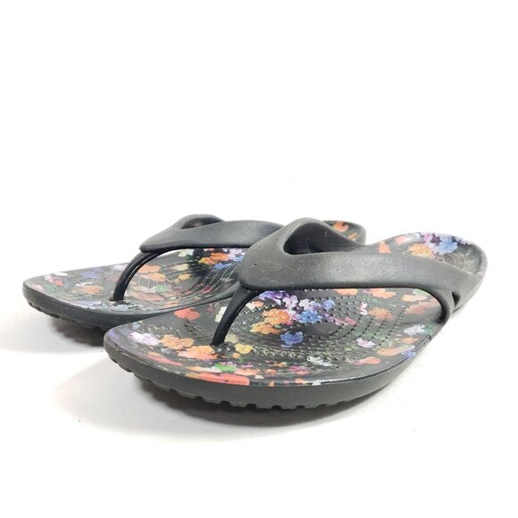 Crocs Womens Size 9 Floral Print Black Flip-Flops - Picture 2 of 8